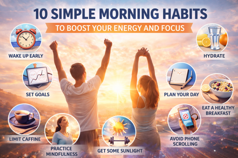 Bright and refreshing morning routine setup with sunlight, journal, water glass, yoga mat, and healthy breakfast symbolizing energy and focus