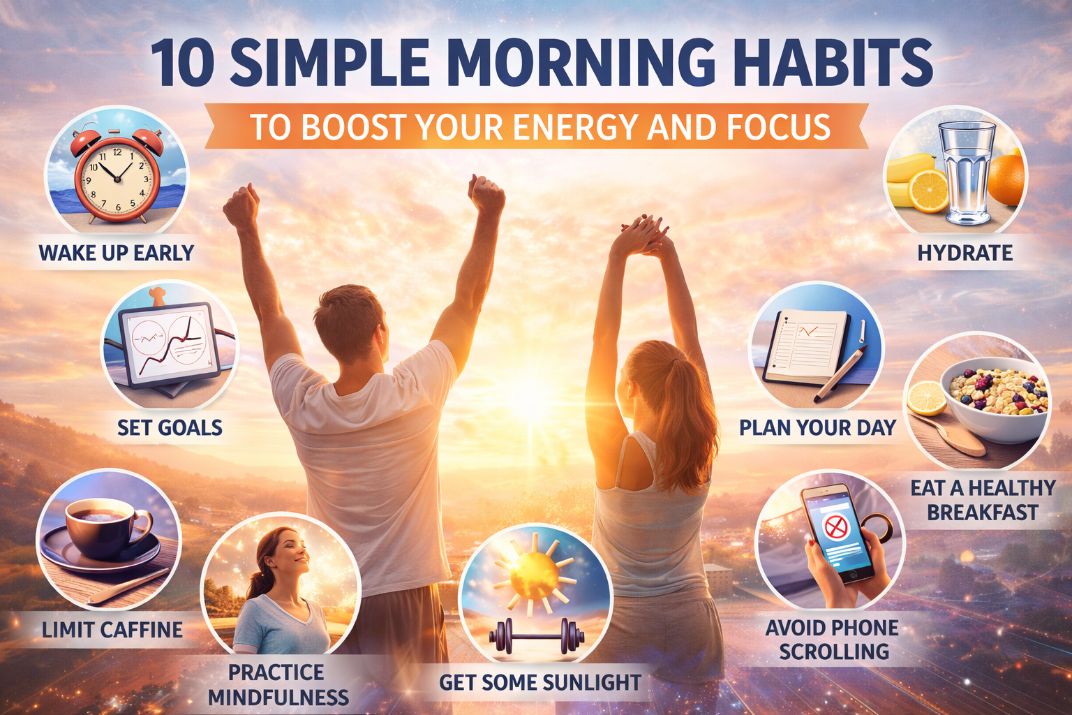 Bright and refreshing morning routine setup with sunlight, journal, water glass, yoga mat, and healthy breakfast symbolizing energy and focus