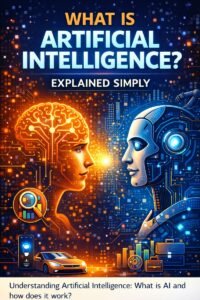 What is Artificial Intelligence explained simply with human and AI robot illustration showing learning, data, and technology concepts