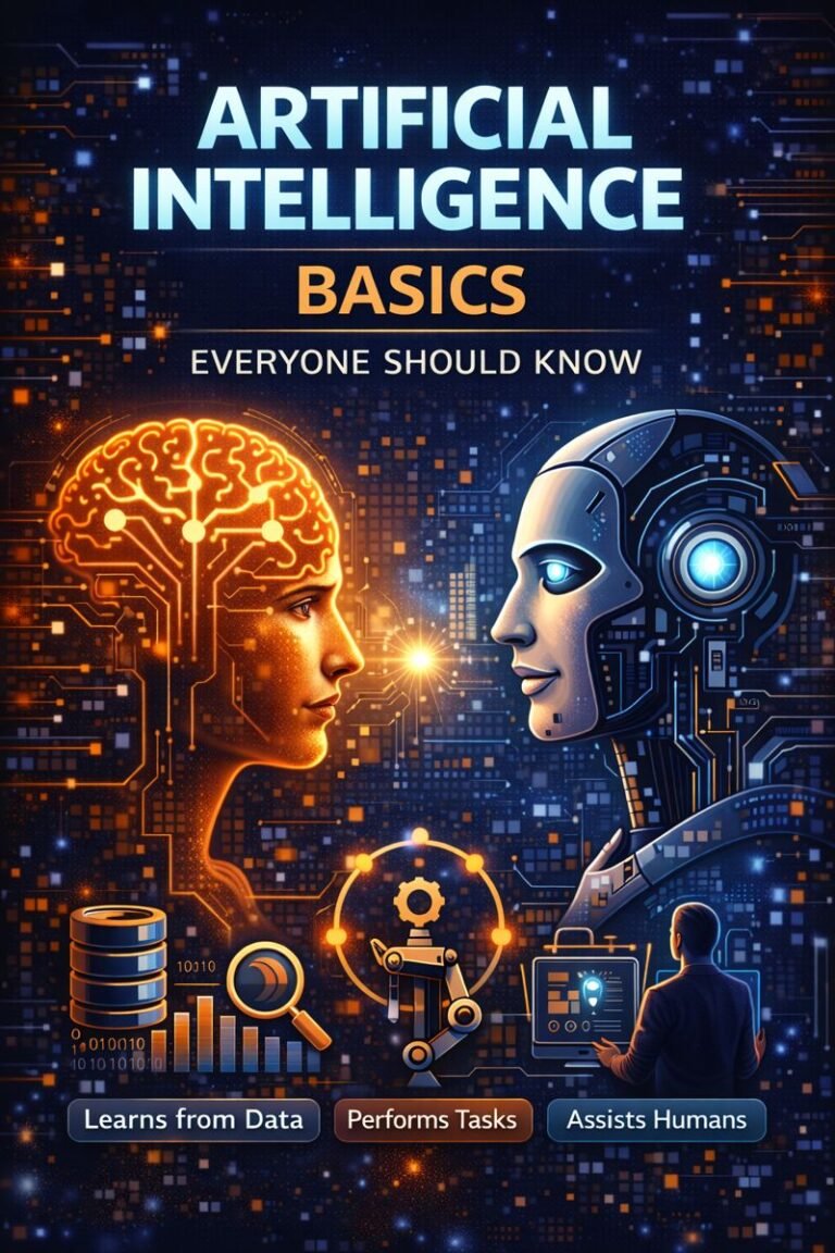 Artificial Intelligence basics explained simply showing AI learning from data, automation, and modern technology concepts