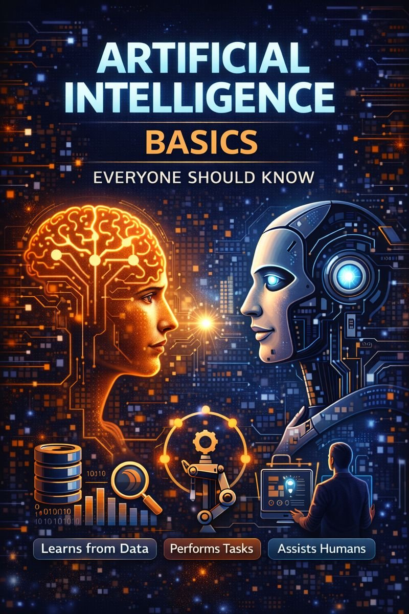Artificial Intelligence basics explained simply showing AI learning from data, automation, and modern technology concepts