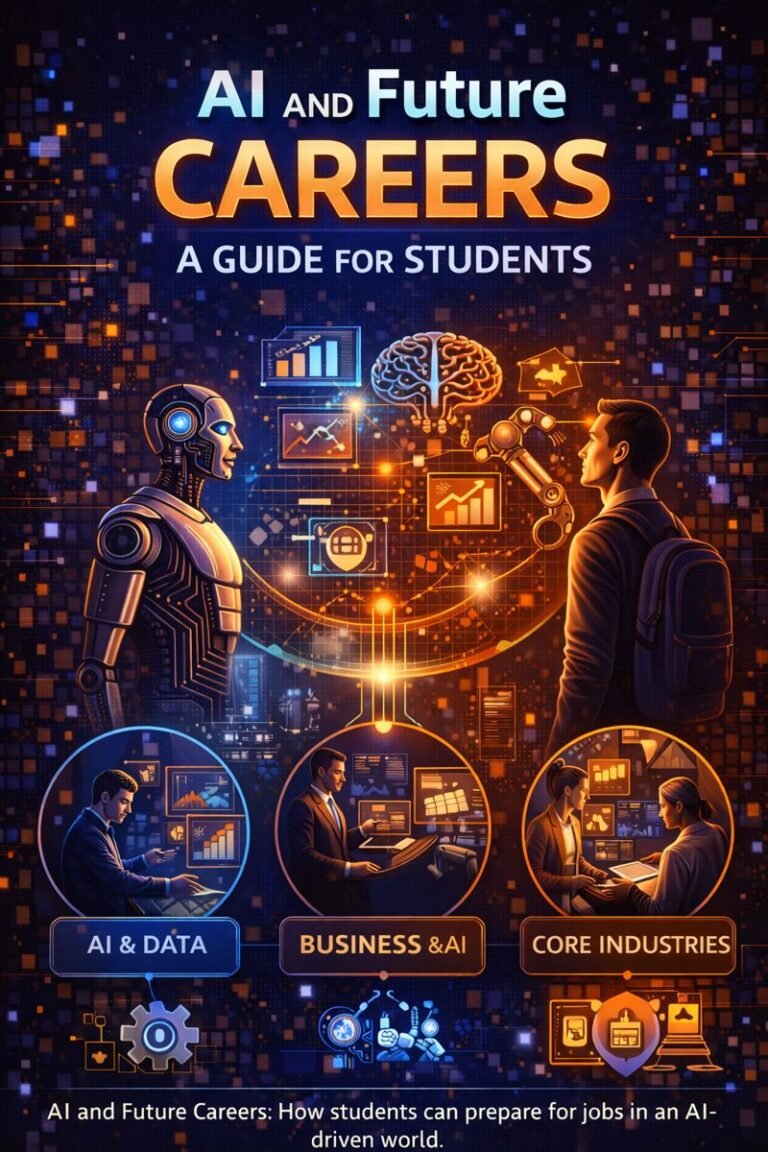 AI and future careers guide for students showing technology, data, and emerging job roles influenced by artificial intelligence