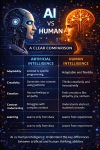 AI vs human intelligence comparison showing differences in learning, creativity, emotions, and decision-making