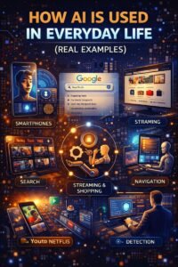 How AI is used in everyday life with real examples like smartphones, search engines, navigation, and online services