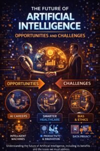 Future of artificial intelligence showing advanced technology, data networks, automation, and human–AI collaboration in a professional setting