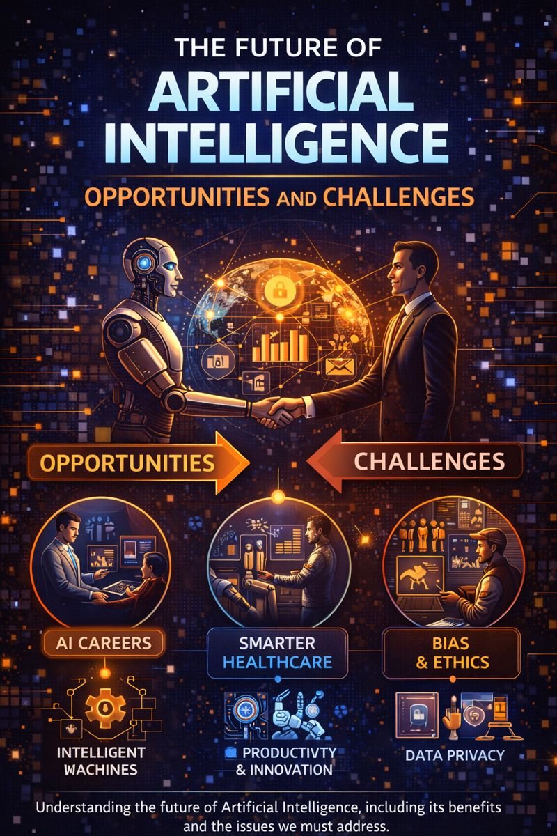 Future of artificial intelligence showing advanced technology, data networks, automation, and human–AI collaboration in a professional setting