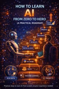 How to learn artificial intelligence from zero to hero showing step-by-step AI learning roadmap with data, Python, and machine learning concepts