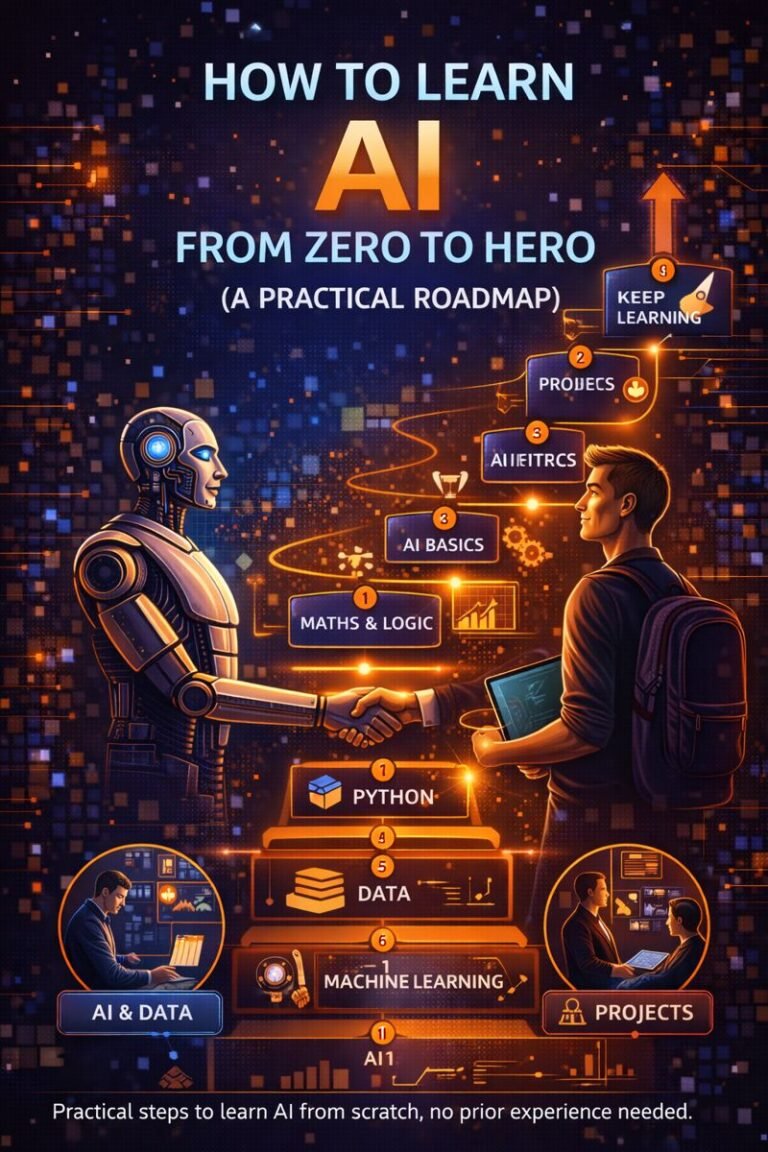 How to learn artificial intelligence from zero to hero showing step-by-step AI learning roadmap with data, Python, and machine learning concepts