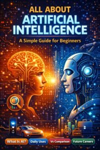 All About Artificial Intelligence explained for beginners with AI robot, human brain, student learning AI, and future technology visuals