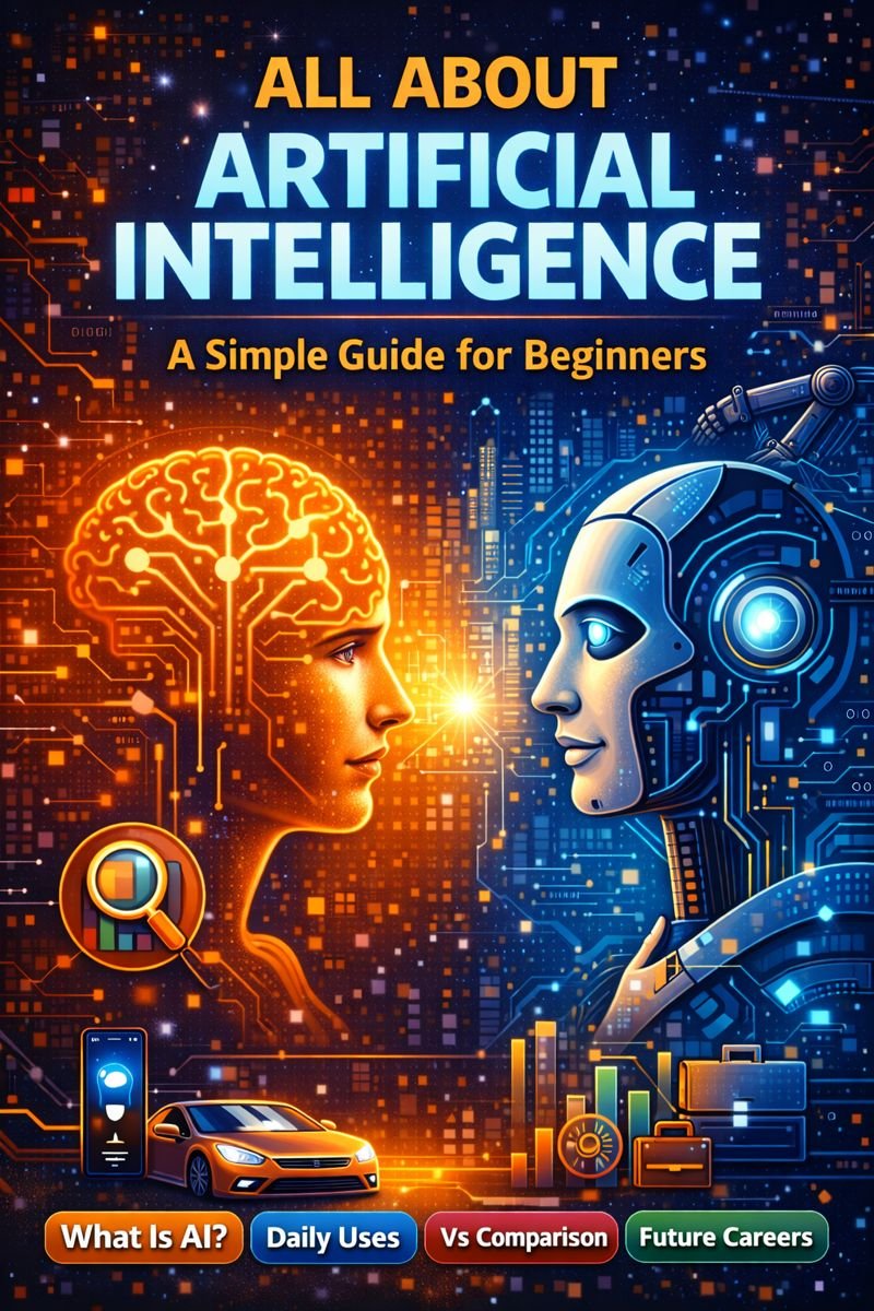 All About Artificial Intelligence explained for beginners with AI robot, human brain, student learning AI, and future technology visuals