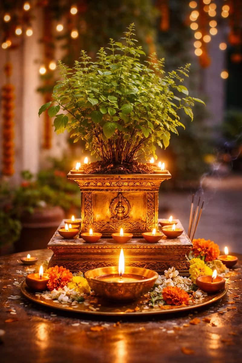 Fresh Tulsi (Holy Basil) plant growing in an Indian home courtyard with vibrant green leaves in soft morning sunlight