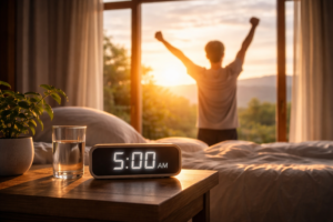 Early morning sunrise through a window with a clock at 5AM symbolizing circadian rhythm alignment and natural sleep reset