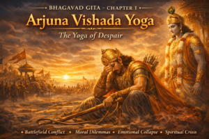 Arjuna in deep despair holding his Gandiva bow while Lord Krishna stands behind him on the battlefield of Kurukshetra – Bhagavad Gita Chapter 1 Arjuna Vishada Yoga