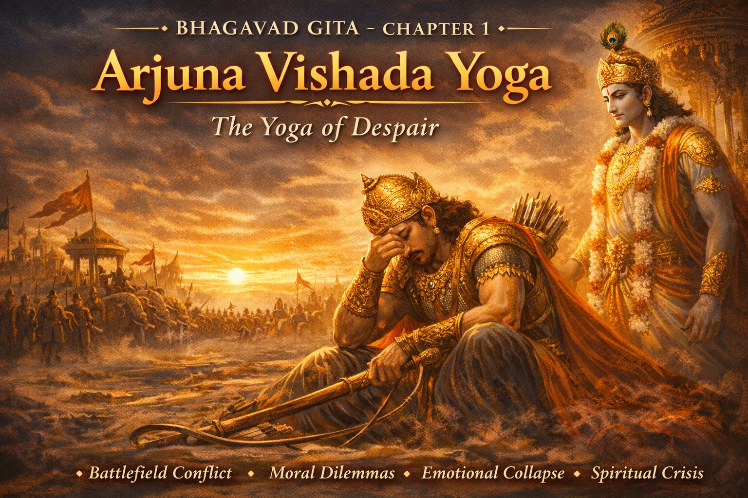 Arjuna in deep despair holding his Gandiva bow while Lord Krishna stands behind him on the battlefield of Kurukshetra – Bhagavad Gita Chapter 1 Arjuna Vishada Yoga