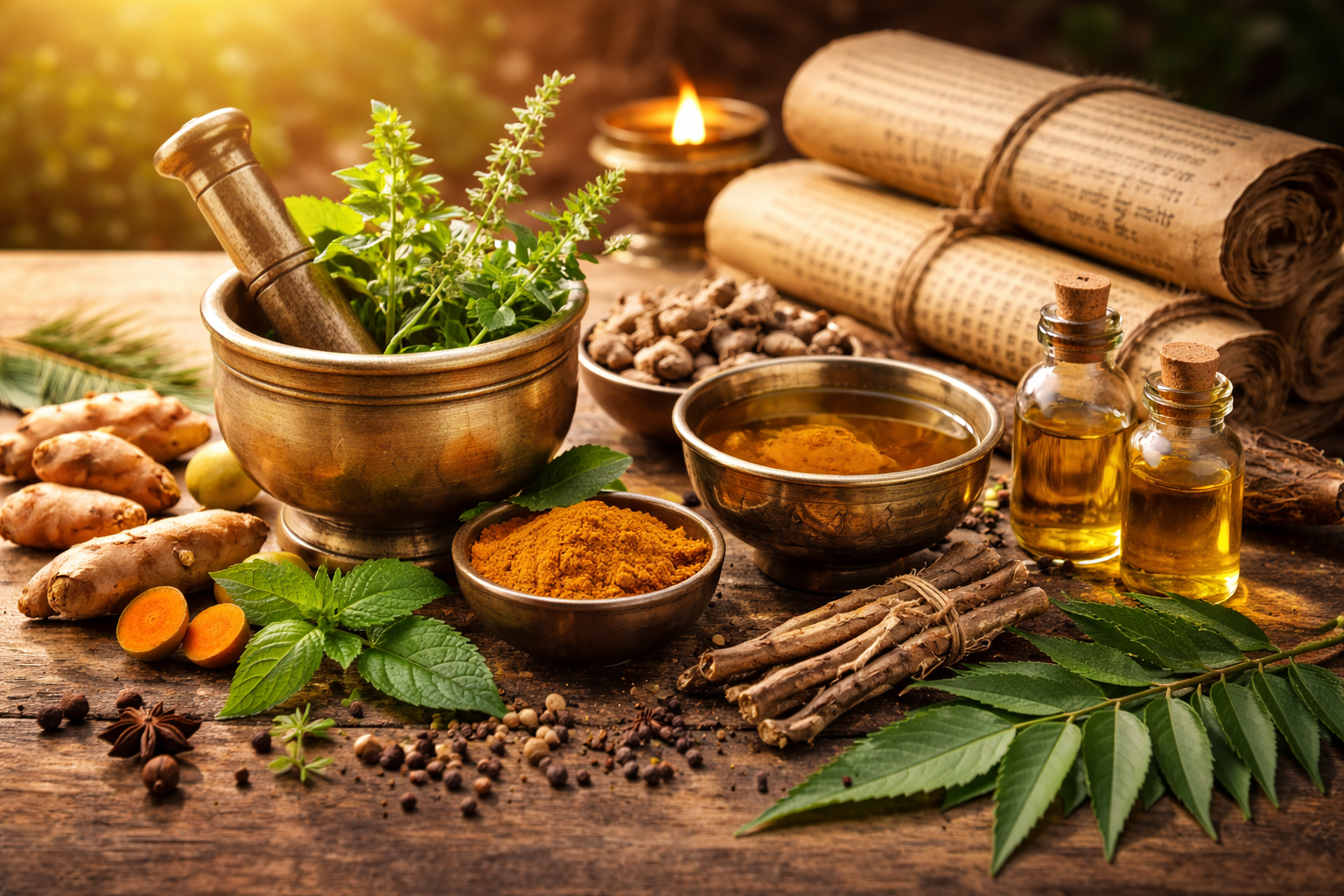 Traditional Ayurvedic herbs, ancient manuscripts, and copper vessels symbolizing Vedic knowledge of healing