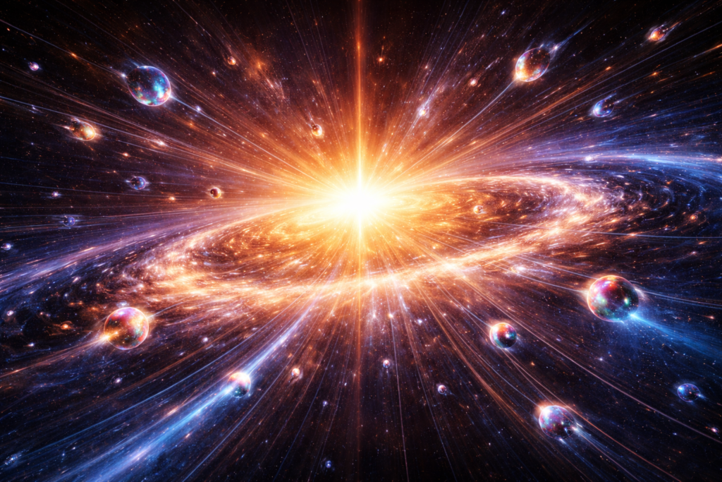 Cinematic depiction of the Big Bang with expanding cosmic energy and forming galaxies