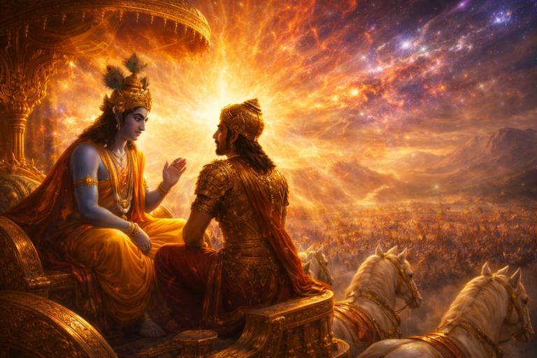 Lord Krishna delivering Bhagavad Gita discourse to Arjuna on the battlefield of Kurukshetra at sunrise