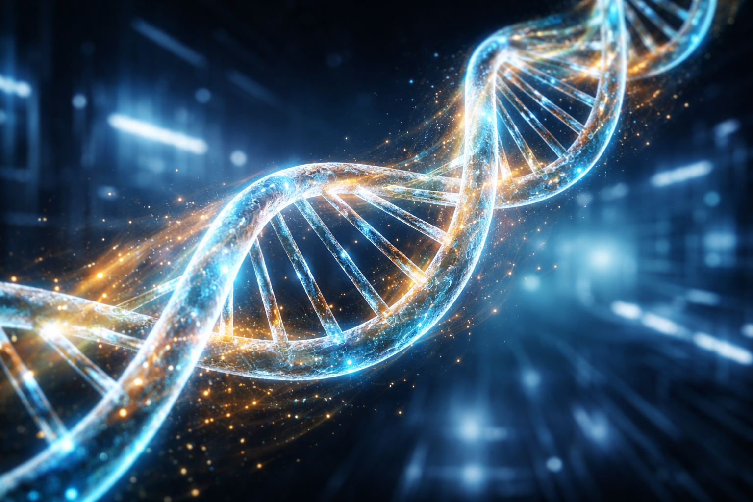 Ultra-HD illustration of scientists using CRISPR gene-editing tools to precisely modify a glowing DNA double helix inside a futuristic laboratory