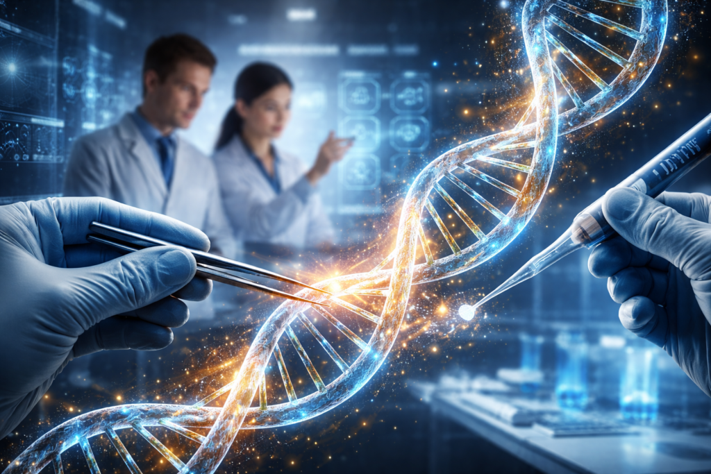 Ultra-HD illustration of scientists using CRISPR gene-editing tools to precisely modify a glowing DNA double helix inside a futuristic laboratory