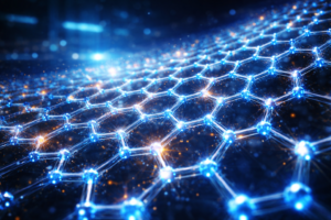 Ultra-HD illustration of a glowing atomic lattice structure with neon blue particles and futuristic nanoscale engineering visualization