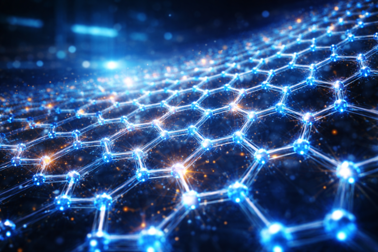 Ultra-HD illustration of a glowing atomic lattice structure with neon blue particles and futuristic nanoscale engineering visualization