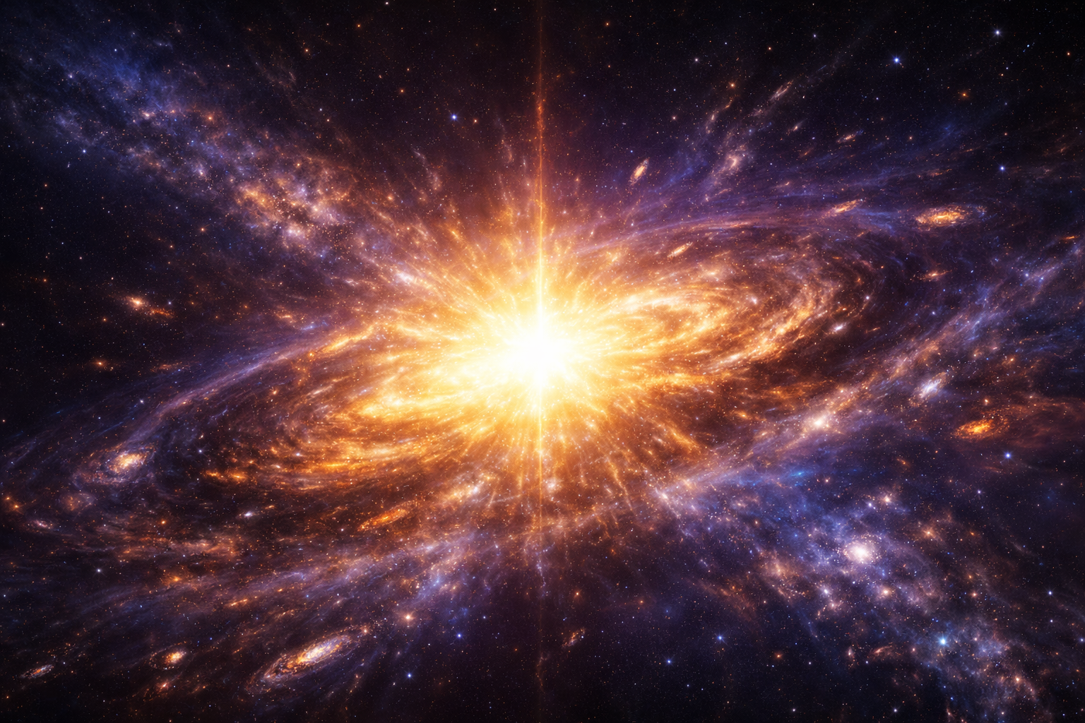 Cinematic depiction of the Big Bang with expanding cosmic energy and forming galaxies