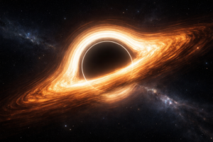 Ultra-HD cinematic illustration of a black hole pulling a nearby star, with glowing accretion disk and gravitational lensing in deep space