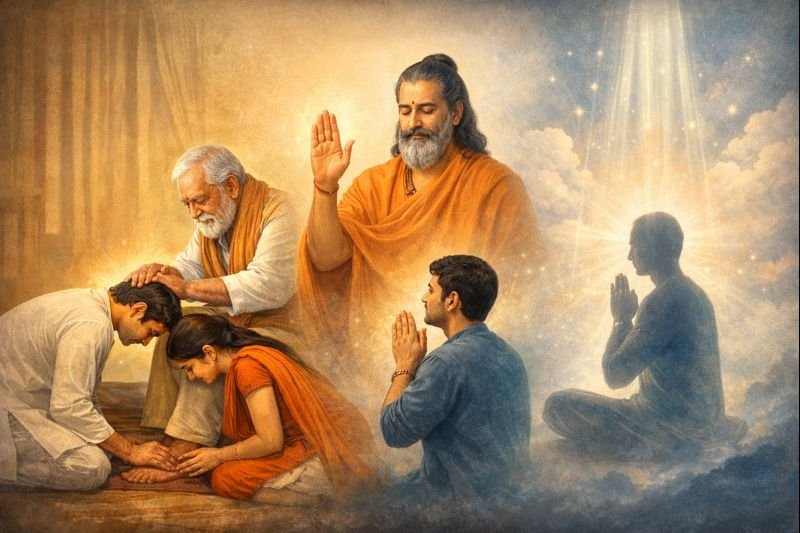 Traditional Indian ways of greeting and blessing showing three levels of energy transfer—from touching elders’ feet, saintly blessings without touch, to divine prayer through consciousness
