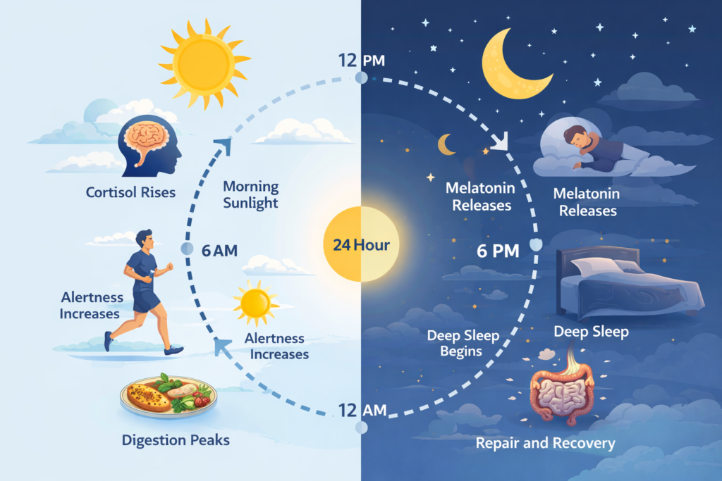 Early morning sunrise through a window with a clock at 5AM symbolizing circadian rhythm alignment and natural sleep reset