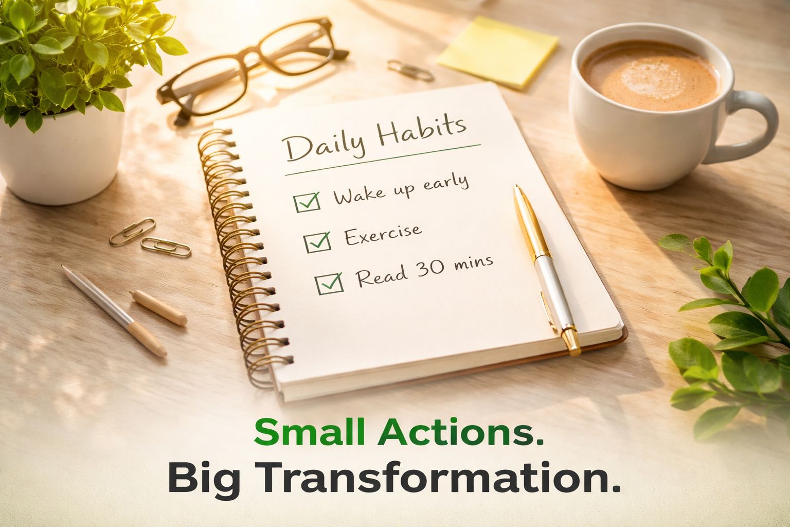 The science of habit formation and daily routines concept with checklist and morning light.