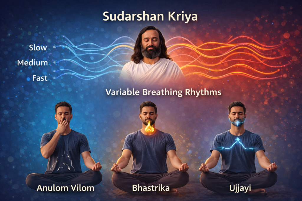 Person practicing rhythmic breathing meditation at sunrise symbolizing Sudarshan Kriya and anxiety regulation through controlled breath