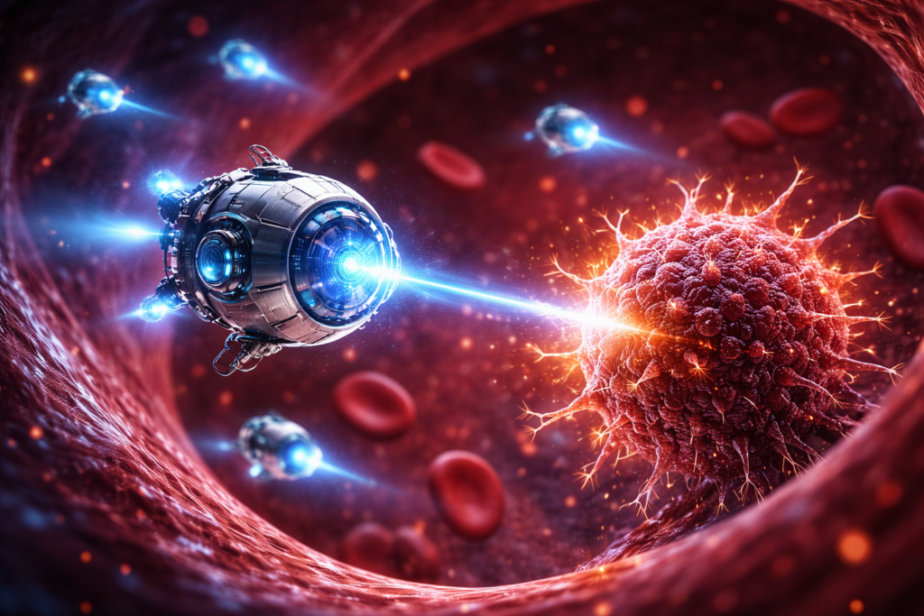 Ultra-HD illustration of medical nanobots inside a bloodstream targeting and attacking a cancer cell using precision nanoscale technology