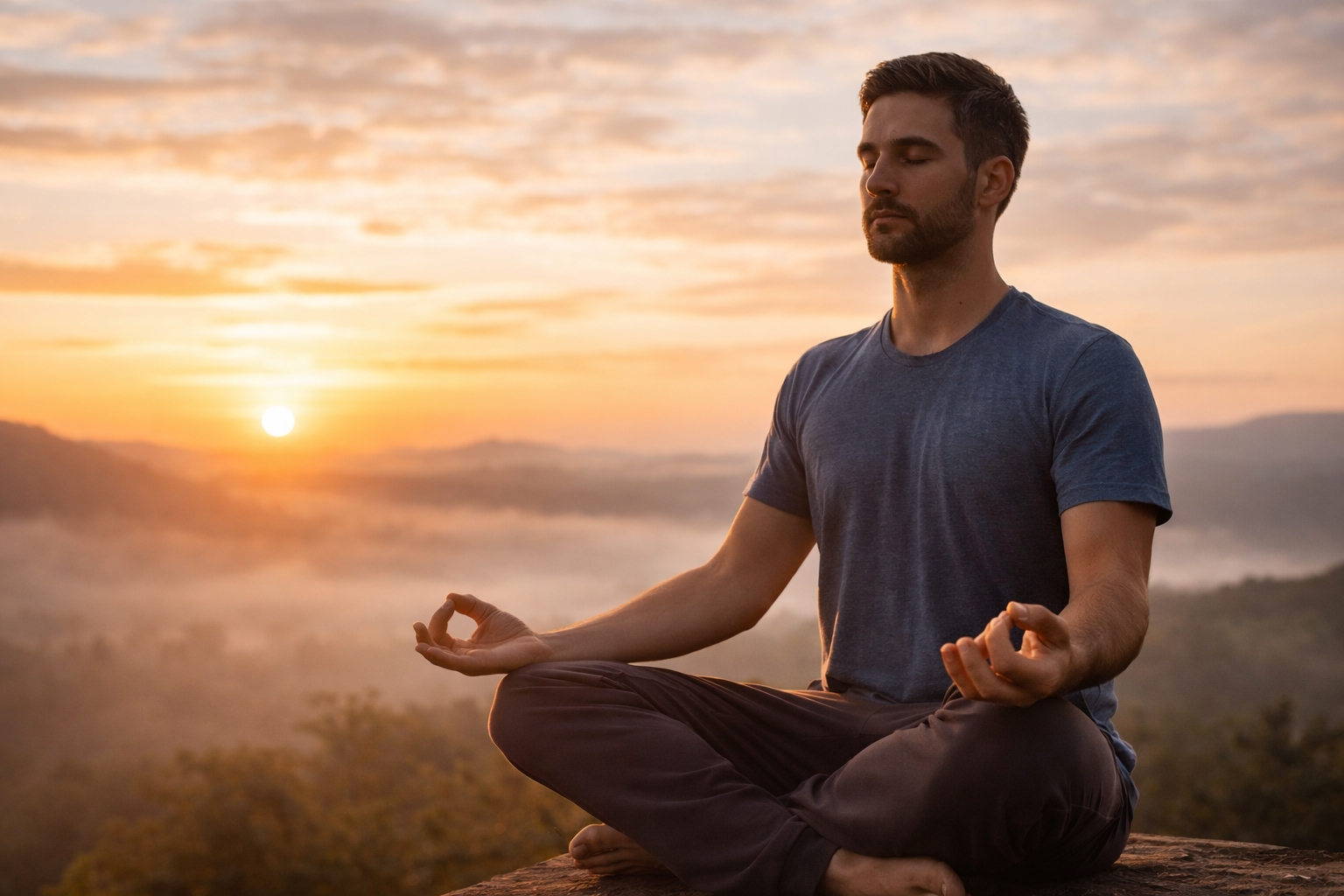 Person practicing pranayam breathing at sunrise with calm posture representing nervous system regulation and anxiety relief