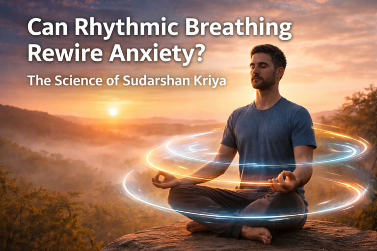 Person practicing rhythmic breathing meditation at sunrise symbolizing Sudarshan Kriya and anxiety regulation through controlled breath