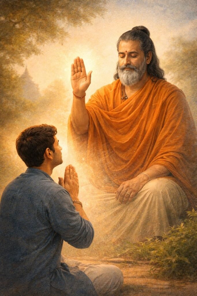 Indian saint blessing devotees with a raised hand without physical contact