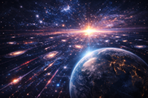 Illustration of Earth observing an expanding universe with distant galaxies stretching away into deep space, representing cosmic expansion and dark energy