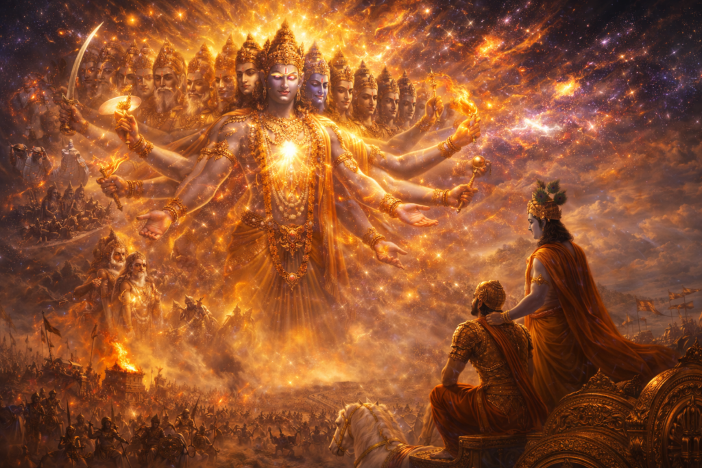 Krishna revealing Vishwaroop (Virat Swarup) to Arjuna in Bhagavad Gita Chapter 11 on the battlefield of Kurukshetra