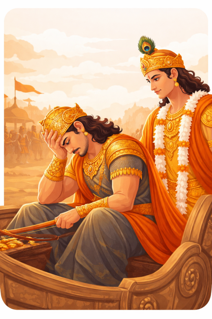 Arjuna in deep despair holding his Gandiva bow while Lord Krishna stands behind him on the battlefield of Kurukshetra – Bhagavad Gita Chapter 1 Arjuna Vishada Yoga