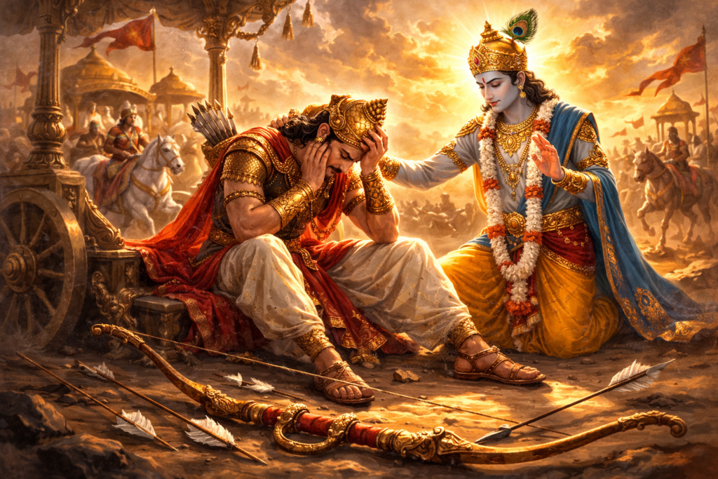 Arjuna in deep despair holding his Gandiva bow while Lord Krishna stands behind him on the battlefield of Kurukshetra – Bhagavad Gita Chapter 1 Arjuna Vishada Yoga