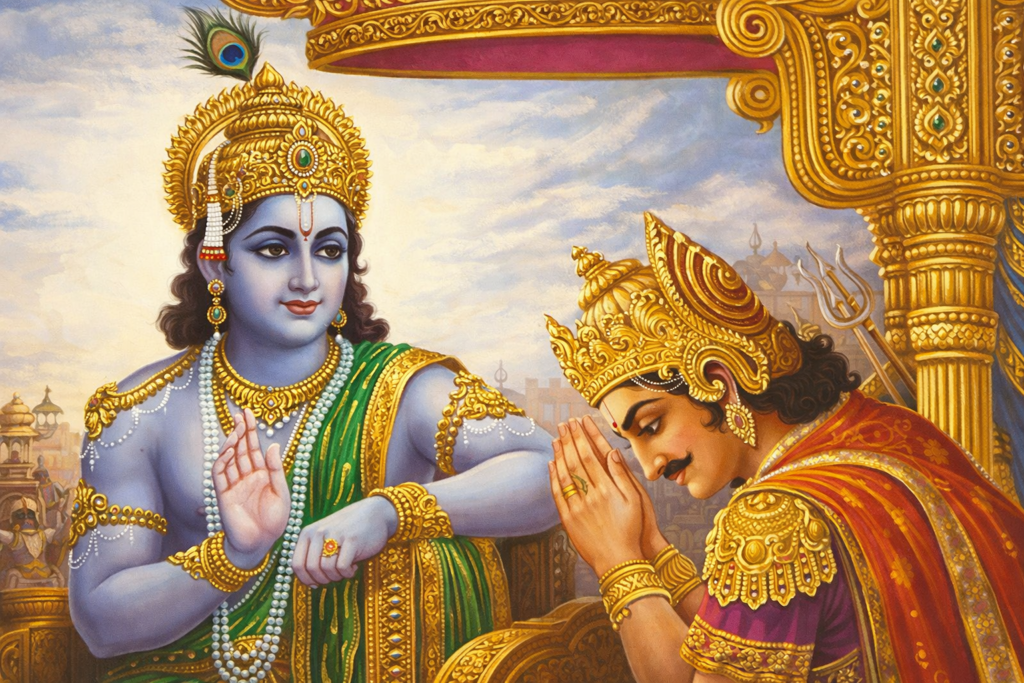 Lord Krishna blessing a distressed Arjuna on the battlefield of Kurukshetra during Bhagavad Gita Chapter 1 Arjuna Vishada Yoga