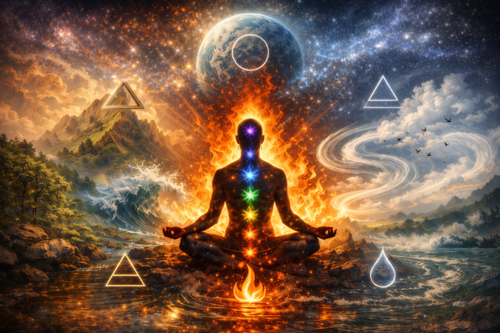 Meditating human figure surrounded by the five elements of Panch Mahabhutas—earth, water, fire, air, and space—illustrating the connection between nature and the human body in Vedic philosophy.