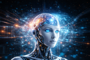 Futuristic humanoid robot with a glowing neural network brain symbolizing Artificial General Intelligence and advanced machine intelligence.