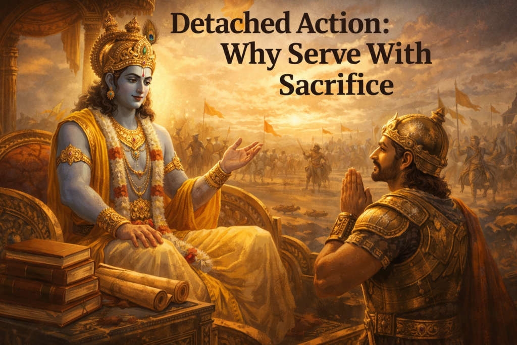 Lord Krishna guiding Arjuna on the battlefield of Kurukshetra during Bhagavad Gita Chapter 2, illustrating Karma Yoga, detachment, and steady wisdom