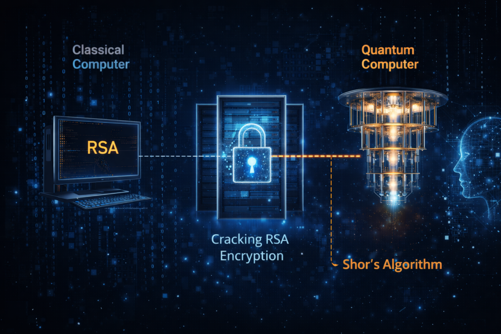 Comparison between classical computer and quantum computer demonstrating how Shor’s Algorithm can break RSA encryption in the future of cybersecurity.