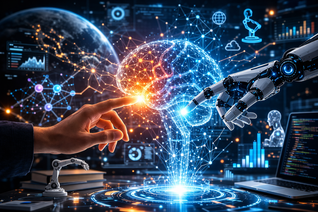 Human and robotic hands interacting with a digital neural network brain representing artificial general intelligence and human-AI collaboration.