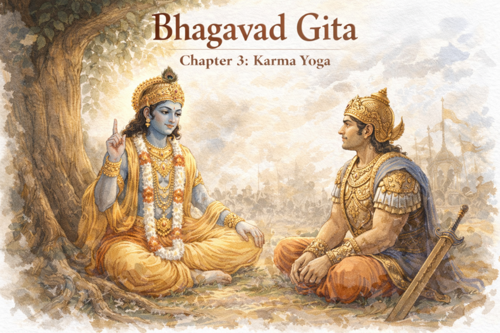 Krishna instructing Arjuna about duty and selfless action in Bhagavad Gita Chapter 3 Karma Yoga