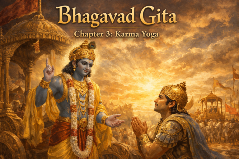 Lord Krishna teaching Arjuna the philosophy of Karma Yoga on the battlefield of Kurukshetra in Bhagavad Gita Chapter 3