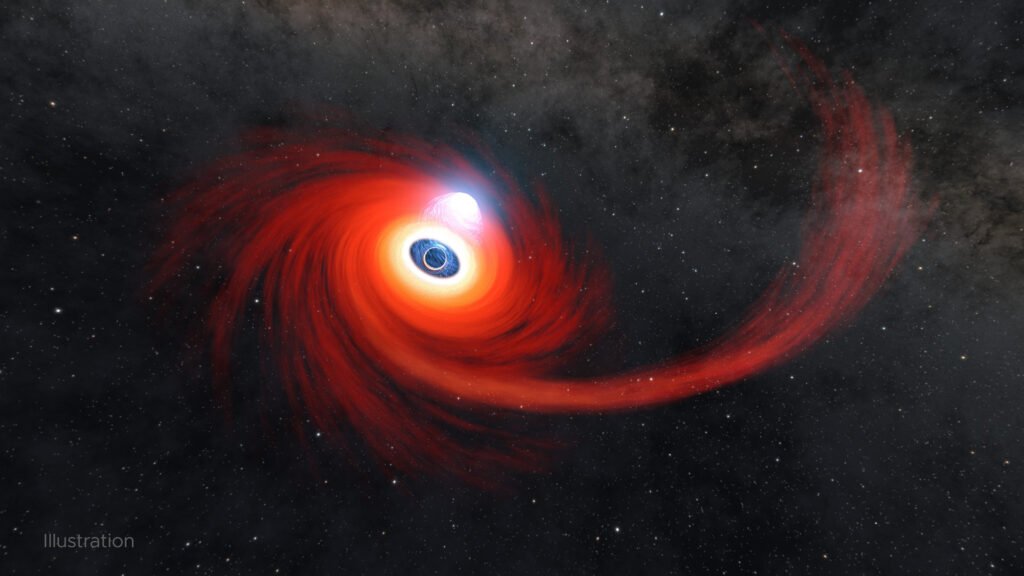 Supermassive black hole with glowing accretion disk bending spacetime