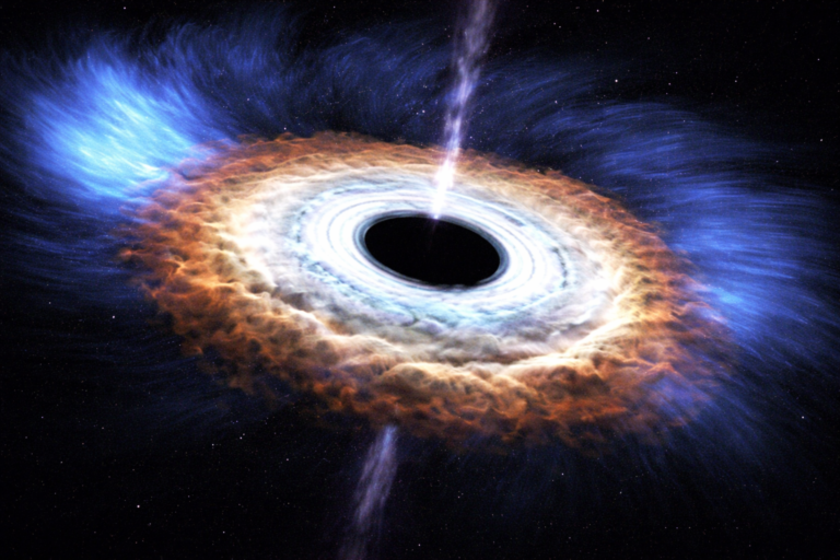Supermassive black hole with glowing accretion disk bending spacetime