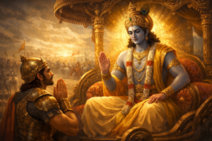 Lord Krishna delivering the teachings of Sankhya Yoga to Arjuna in the chariot at Kurukshetra during Bhagavad Gita Chapter 2